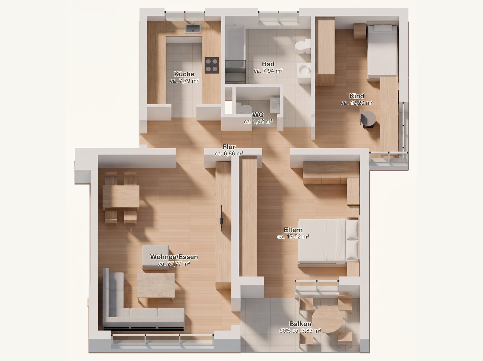 3D-Grundriss 3 Zimmer · 86,33 m²
