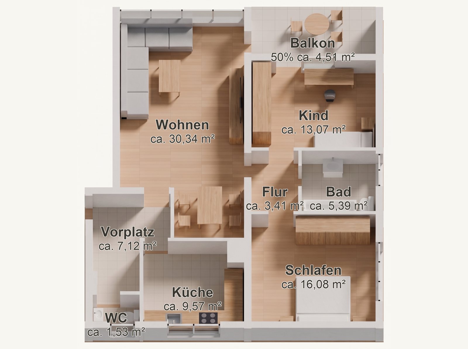 3D-Grundriss 3 Zimmer · 91,02 m²