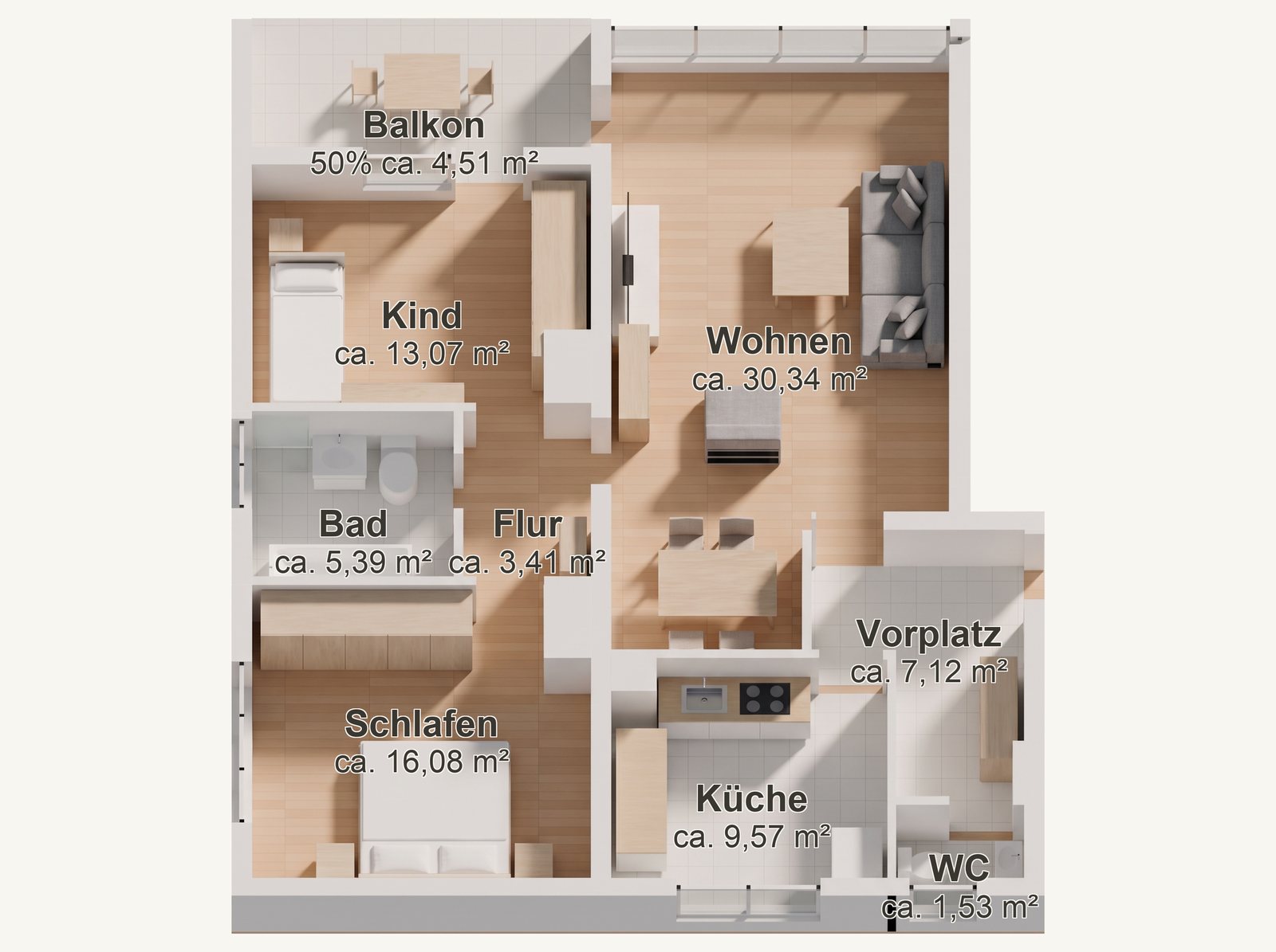 3D-Grundriss 3 Zimmer · 91,02 m²